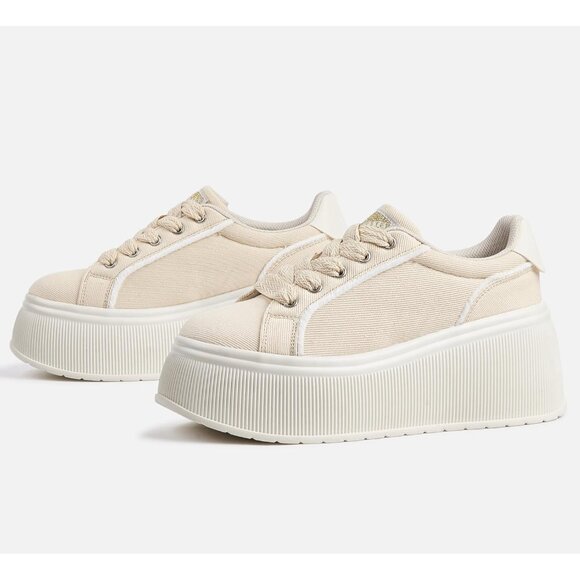 Lucky Step Women Beige Platform Low Top Classic Wedge Retro Canvas Sneakers - Picture 5 of 9